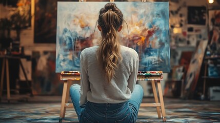 Poster - Back view of talented concentrated Caucasian woman professional artist sitting on floor in studio in evening painting drawing on big canvas creativity work contemporary creative painte : Generative AI