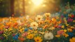 © The Little Hut - meadow flowers in early sunny fresh morning Vintage autumn landscape background colorful beautiful fall flowers magical : Generative AI