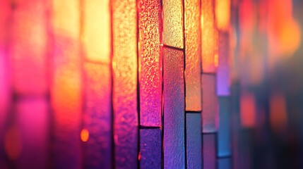 Poster - Abstract creative image on patterned glass show vertical lines pattern repetition blurry background of wavy illuminated multicolored interior soft lightingglass surface used for artist : Generative AI