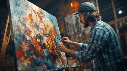 Poster - Portrait of Artist Working on Abstract Painting Uses Paint Brush To Create Daringly Emotional Modern Picture Dark Creative Studio Large Canvas Stands on Easel Illuminated Side View Clo : Generative AI