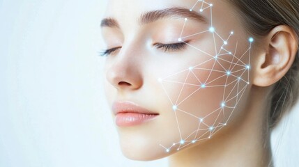 Aufkleber - A young woman closes her eyes, showcasing a digital network of lights and lines across her face, symbolizing advanced technology and beauty.