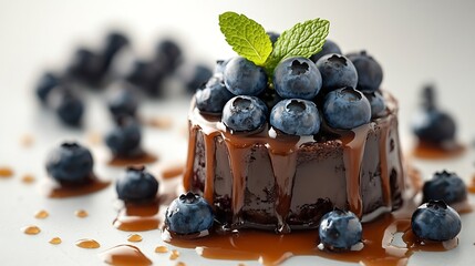 Aufkleber - Delicious pudding with caramel blueberries and mint isolated on white : Generative AI