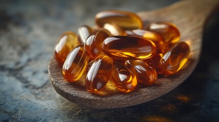 Aufkleber - Vitamin capsules in a wooden spoon soft gels Fish oil capsules omega 3 omega 9 vitamin D vitamin E : Generative AI