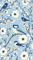 Wall Mural - Aesthetic modern pattern with small boho flowers and birds, pastel colors, invitation template. Generative AI