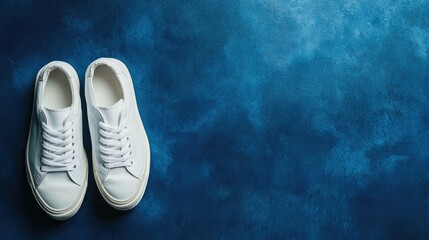 Fototapete - Minimalist indigo background with a pair of white sneakers, neatly placed and softly lit