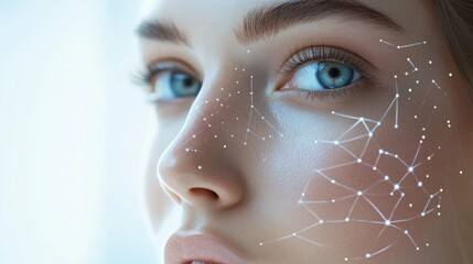 Poster - A woman with striking blue eyes gazes forward while a constellation pattern softly illuminates her face.