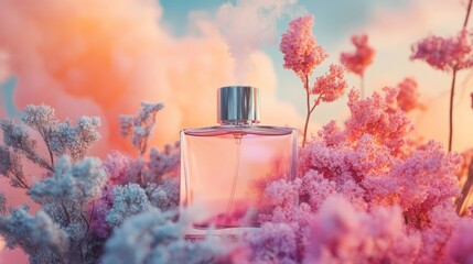 Poster - A delicate perfume bottle sits amid vibrant flowers, with soft clouds illuminated by a warm sunset, creating a serene atmosphere.