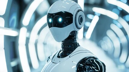 Poster - A humanoid robot with a sleek design and glowing blue eyes is positioned in a futuristic, illuminated setting.