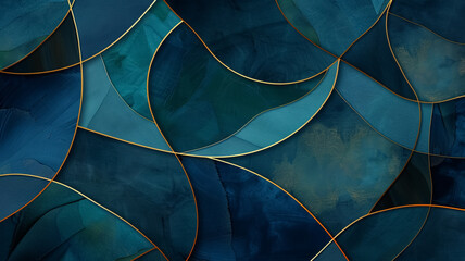 Wall Mural - An abstract pattern featuring luxury golden lines set against a dark navy blue background. The elegant design exudes sophistication, perfect for high-end or upscale visual themes.