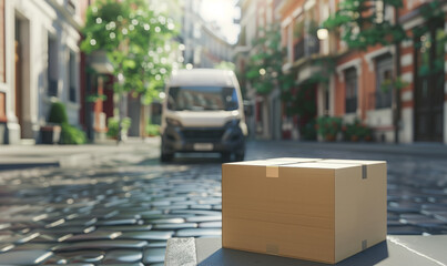 Cardboard package on cobblestone street with delivery van in quaint European cityscape