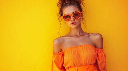 Young fashion woman in orange pants orange top orange shirt on yellow background Platform slides sandals orange sunglasses : Generative AI