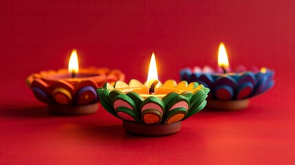 Wall Mural - Happy Diwali - Clay Diya lamps lit during Diwali, Hindu festival of lights celebration. Colorful traditional oil lamp diya on red background.generative ai