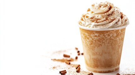 Poster - pumpkin latte coffee drink in take away cup decorated with whipped cream and cinnamon isolated on white background : Generative AI