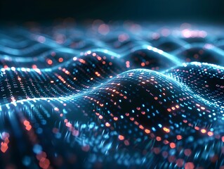 Poster - Abstract digital landscape with glowing waves and binary data flowing through a dark setting at nighttime