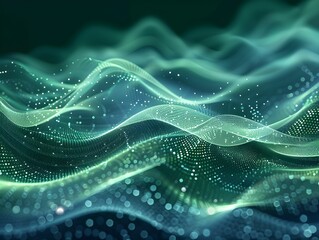 Poster - Digital abstract waves of light and particles flowing gracefully in a vibrant green-blue gradient background