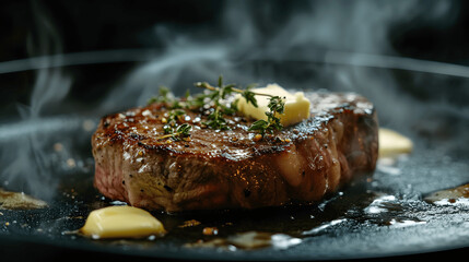 Juicy steak sizzling on hot pan with butter and herbs on dark kitchen background