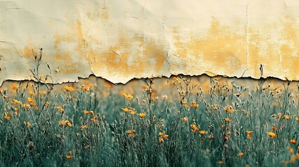 Poster - Abstract artistic collage with torn deckled paper edges in natural earth colors Colorful fields and meadows with textured copyspace Analog aesthetic art technique : Generative AI