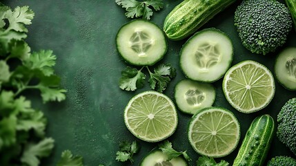 Poster - Creative layout made of broccoli cucumber and lime on the green background Food concept Macro concept : Generative AI