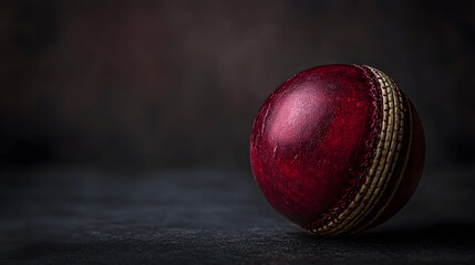 Cricket ball with focus on seam and red color, isolated on dark background