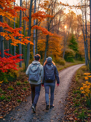 Backpack couple walking in autumn forest. Beautiful nature sunrise sunset mood, colorful trees leaves, tranquil relaxing outdoor activity. Recreational inspire togetherness quality time. AI generated