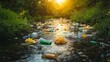 © Kakabe - A polluted stream filled with plastic bottles and waste, ideal for environmental awareness campaigns, anti-pollution initiatives