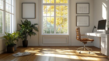 Poster - a home office with white walls and wood flooring the room is well lit by natural light from the windows : Generative AI