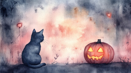 Watercolor illustration of a black cat sitting beside a glowing Jack-o'-lantern on a textured background. Halloween holiday theme.