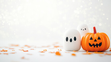 Minimalistic Halloween setup with cute ghost figures and a jack-o'-lantern on a light background. Festive decoration concept for greeting cards, invitations, posters, and banners.