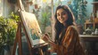 © The Little Hut - Cheerful Indian young artist girl painting picture at easel in living room : Generative AI