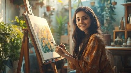 Poster - Cheerful Indian young artist girl painting picture at easel in living room : Generative AI