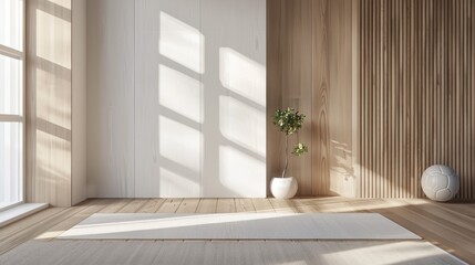 Poster - Warm sunlight pours into a minimalist corner, highlighting wooden paneling and simple decor. A small potted plant adds a touch of greenery, enhancing the tranquil ambiance