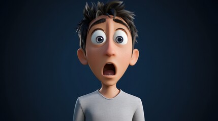 3D character close up portrait of a shocked European man in a casual t-shirt, with wide eyes and a dropped jaw, with a navy blue gradient background, copy space, cartoon style