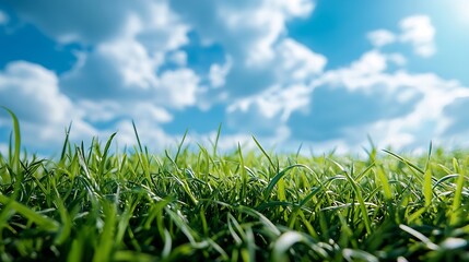 Landscape view of green grass field with blue skybackground : Generative AI