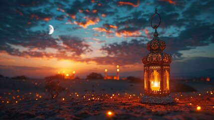 Glowing Ramadan Lantern in Desert Oasis - Eid ul-Fitr Celebration with Crescent Moon and Sparkling Lights