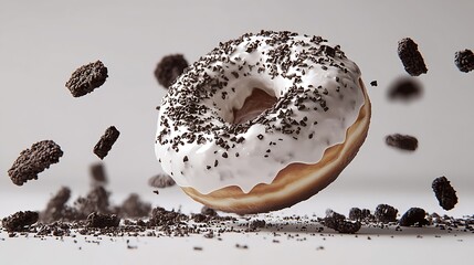 White chocolate glazed donut with dark cookies crumbs and creme filled closeup flying Sweet doughnut falling isolated on white background : Generative AI