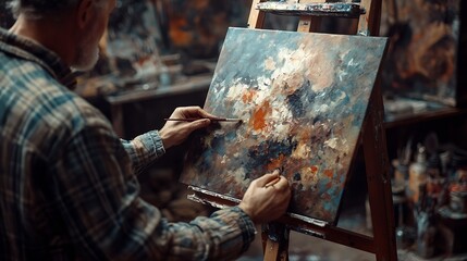 Poster - Artist painter works in art workshop abstract masterpiece painting Successful fine art artist drawing in dark Copy space : Generative AI