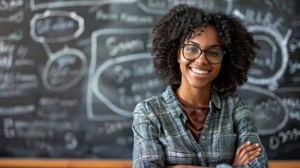 Aufkleber - A cheerful teacher stands confidently with arms crossed in a lively classroom, with a chalkboard full of notes, diagrams, and motivational phrases enriching the learning atmosphere