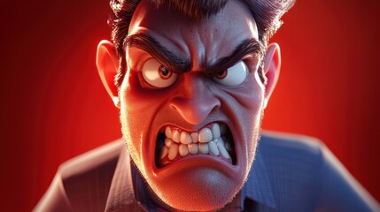 3D character close up portrait of an enraged European man in a buttoned-up shirt, with gritted teeth and veins popping, with a crimson gradient background, copy space, cartoon style