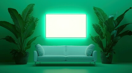 Poster - Television Screen Evaluation, a spacious setting showcasing a blank TV screen, illuminated by soft ambient light, ideal for assessing visual quality and display performance.