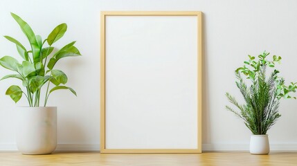 Poster - Vertical wooden frame display on rustic wooden floor against a clean white wall, designed for showcasing artwork or posters in a contemporary interior setting.