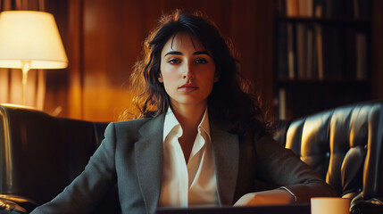 female brunette woman lawyer wearing business suit in office leather seats traditional furniture