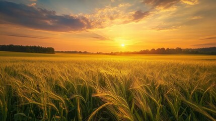 Sticker - Golden wheat field bathed in warm sunset light with dramatic clouds over the horizon