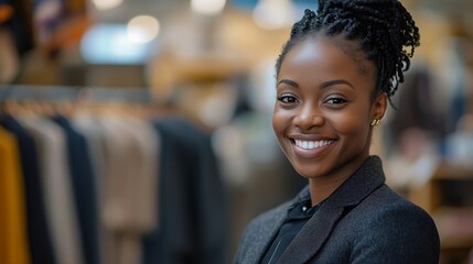 Aufkleber - Fashion industry black woman and designer portrait of clothing tailor with business vision Smile startup and small business entrepreneur with happiness and business growth feeling work : Generative AI