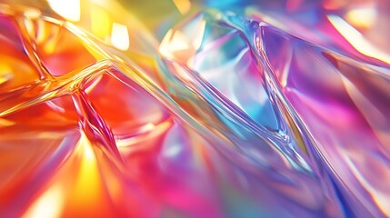 Poster - A complex interplay of rainbow colors creates a liquidlike abstraction on a 3d glass surface with warped and stretched light : Generative AI