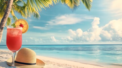 2. A tropical beach scene with palm trees, a sun hat, and a holiday cocktail