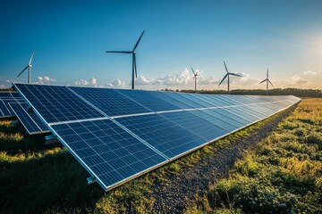 sustainable energy hub clean power plant, financial institution, solar panels, wind turbines