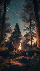 Sticker - A person sitting in front of a fire pit with the stars above, AI