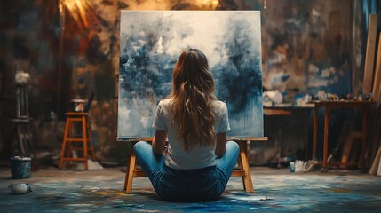 Poster - Back view of talented concentrated Caucasian woman professional artist sitting on floor in studio in evening painting drawing on big canvas creativity work contemporary creative painte : Generative AI