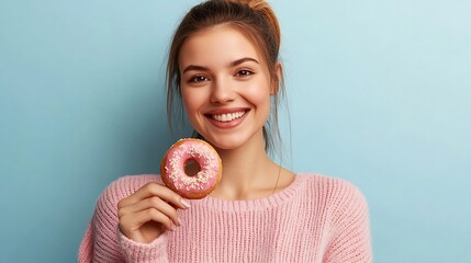 Wall Mural - Young happy woman 20s wearing casual sweater look camera hold donuts dessert show finger with cream isolated on plain pastel light blue background studio People lifestyle junk unhealth : Generative AI