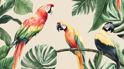 Watercolor Tropical Parrots on Branch with Lush Foliage, watercolor , tropical , parrot , bird